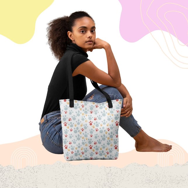 Regnbåge Paw Skriv ut Mönster, tote Bag Tygkasse (Fun and whimsical paw print pattern tote bag design.)