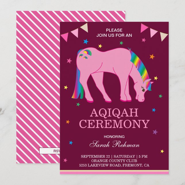 Regnbåge Pony Baby Flick Aqiqah Inbjudningar (Fram/baksida)