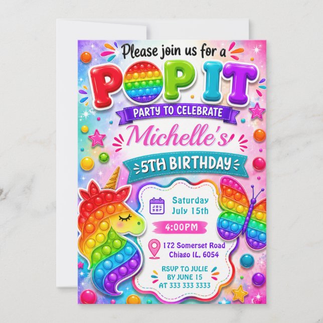 Regnbåge Pop It Fidget Leksak Födelsedagsfest Inbjudningar (Framsida)