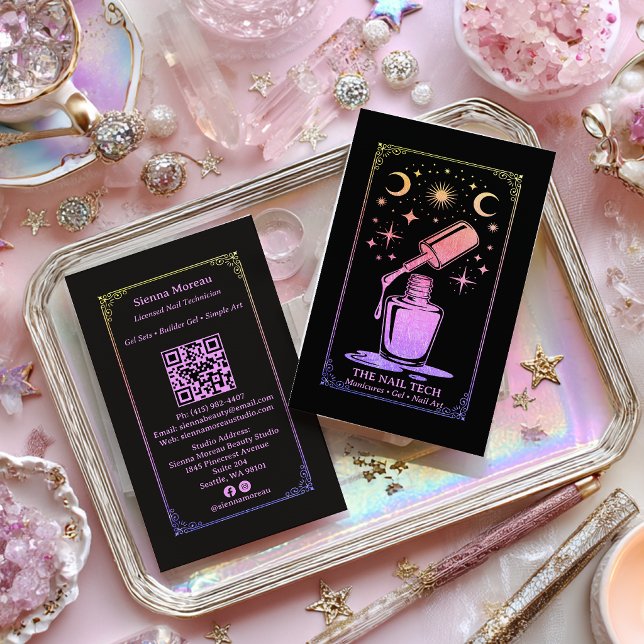 Regnbåge Retro Celestial Tarot Nagelkonstnär QR-ko Visitkort (Rainbow Retro Celestial Tarot Nail artist QR Code Business Card)