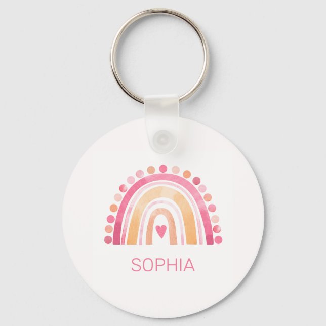 Regnbåge, rosa boho-vattenfärg nyckelring (Framsida)