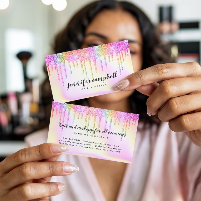 Regnbåge rosa holografisk glitter droppar makeup h visitkort (Rainbow pink holographic glitter drips makeup hair)
