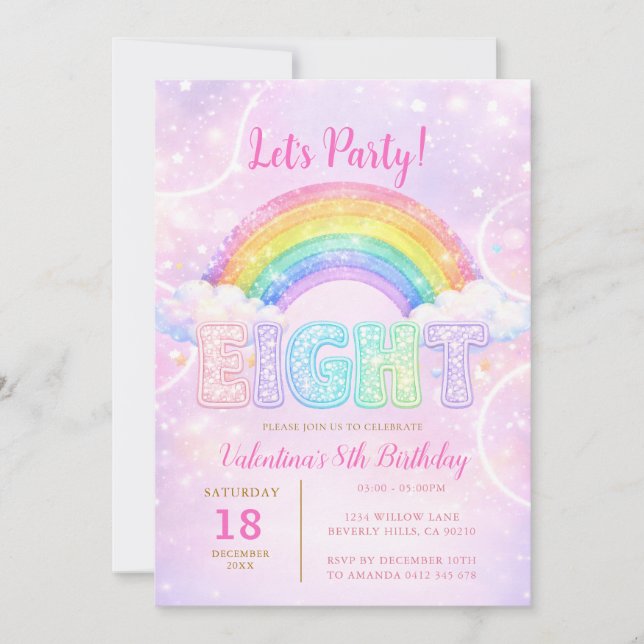 Regnbåge Rosa Lila Glitter Åtta Födelsedagsfest Inbjudningar (Framsida)