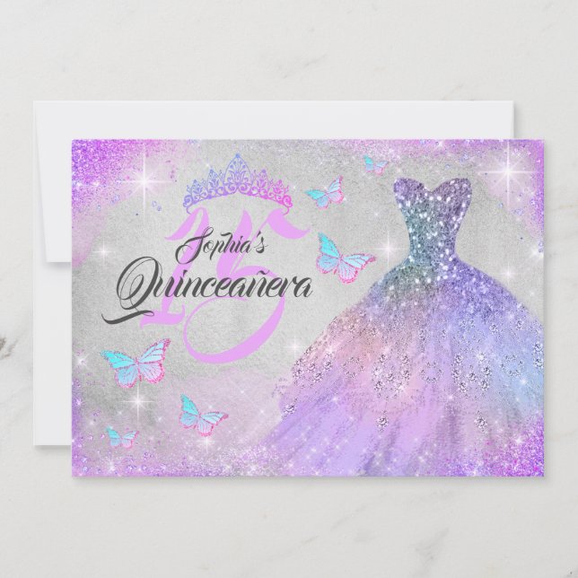Regnbåge Rosa Lila Glitter Klänning Quinceanera  Inbjudningar (Framsida)