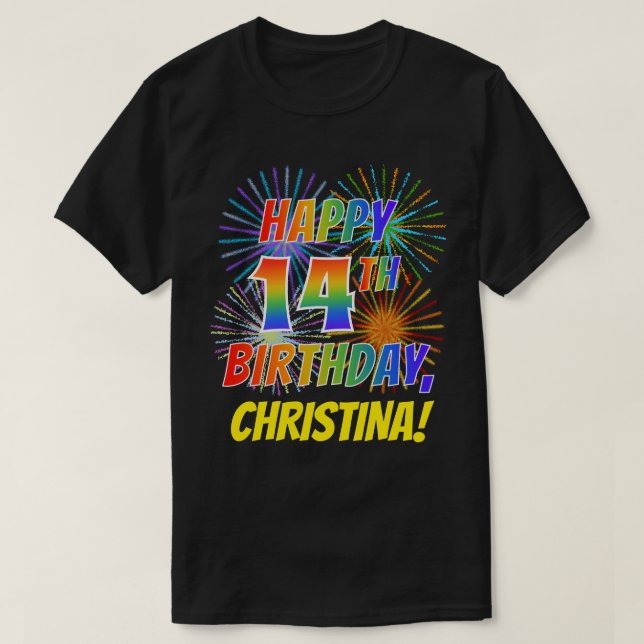 Regnbåge Se LYCKLIG 14:E BIRTHDAY; Fireworks + Nam T Shirt (Design framsida)