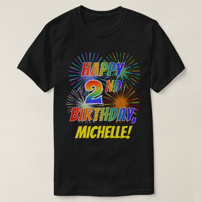 Regnbåge Se LYCKLIG 2:N BIRTHDAY; Fireworks + Namn T Shirt (Design framsida)