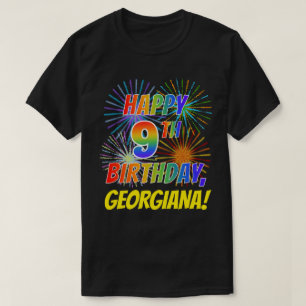 Regnbåge Se LYCKLIG 9:E BIRTHDAY; Fireworks + Namn T Shirt