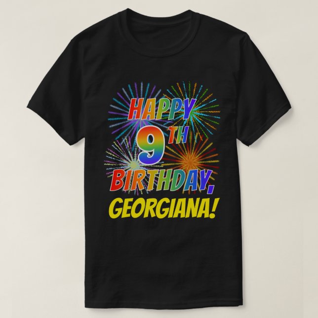Regnbåge Se LYCKLIG 9:E BIRTHDAY; Fireworks + Namn T Shirt (Design framsida)
