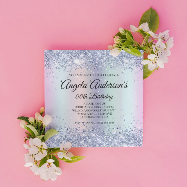Regnbåge Shimmer Holo Glitter Leopard Födelsedag Inbjudningar (Create your own milestone birthday invitation for her.)