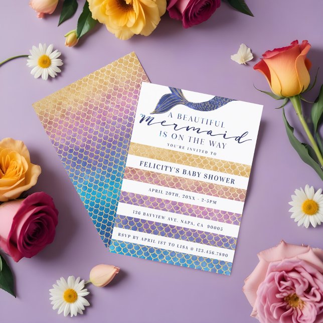 Regnbåge + Sjöjungfru Guld skalor och stipe babyst Inbjudningar (Rainbow + Gold Mermaid Scales & Stipe Baby Shower Invitation)