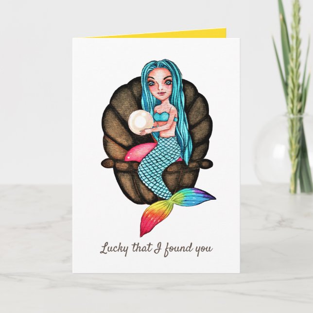Regnbåge Sjöjungfru med pärlor i vattenfärg Kort (Framsida)