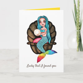 Regnbåge Sjöjungfru med pärlor i vattenfärg Kort