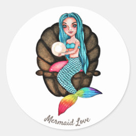 Regnbåge Sjöjungfru med pärlor i vattenfärg Runt Klistermärke