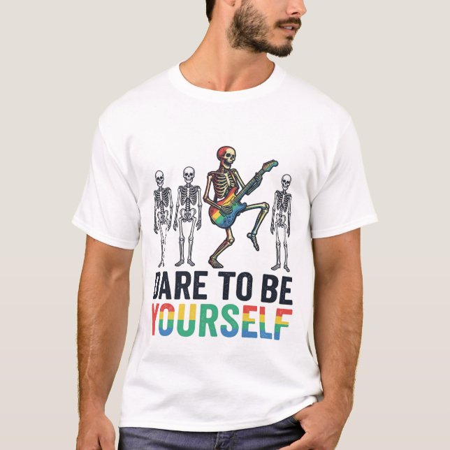 Regnbåge Skelett Våga Vara Själv Vector Design T Shirt (Framsida)