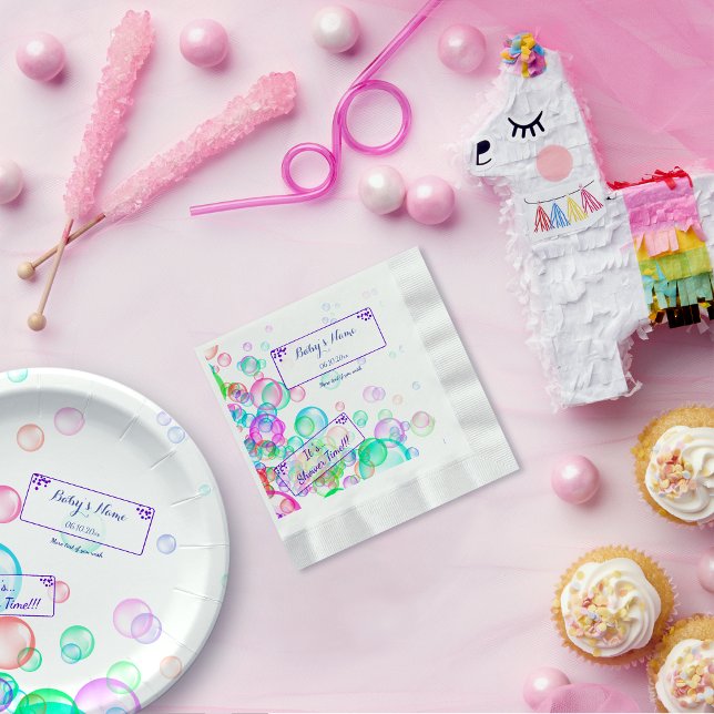Regnbåge Soap Bubbles Baby Shower Pappersservett (Colorful soap bubble baby shower customizable paper napkin with matched paper plate on a party table)