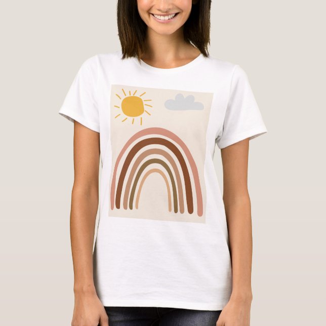 Regnbåge Sol Moln, Barn Ritning, Boho Abstrakt Kon T Shirt (Framsida)