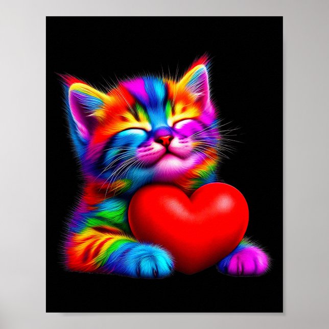 Regnbåge Söt Katt Kramar Valentins Hjärtan Kitty K Poster (Framsidan)