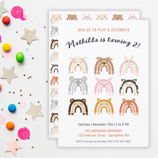 Regnbåge söta djur barnkalas      inbjudningar (Rainbow Cute Animals Kids Birthday Party Invitation)