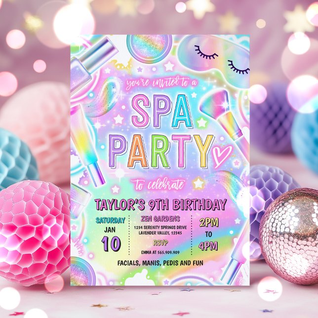 Regnbåge Spa Party Glow Smink Förpöna Födelsedag Inbjudningar (Skapare uppladdad)