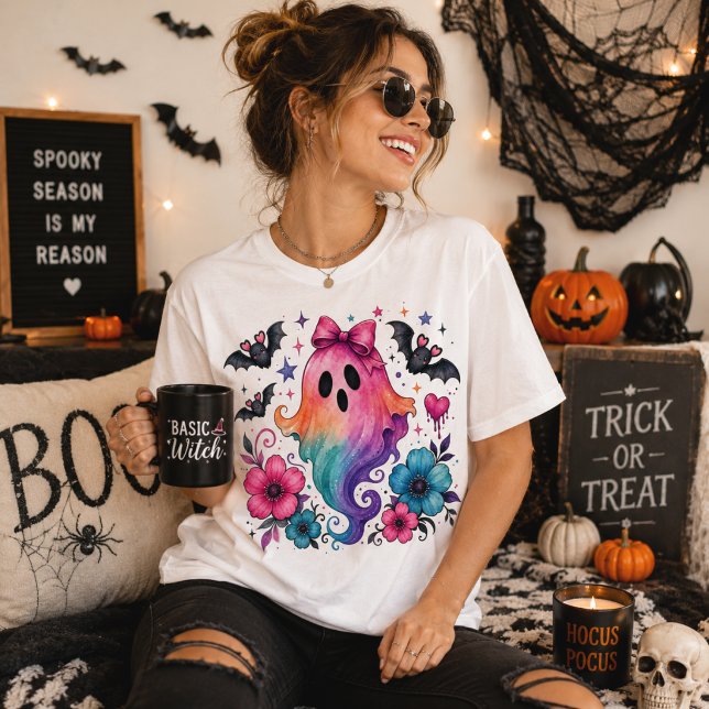 Regnbåge Spöke  Bow Vattenfärg Blommig Halloween T Shirt (Skapare uppladdad)