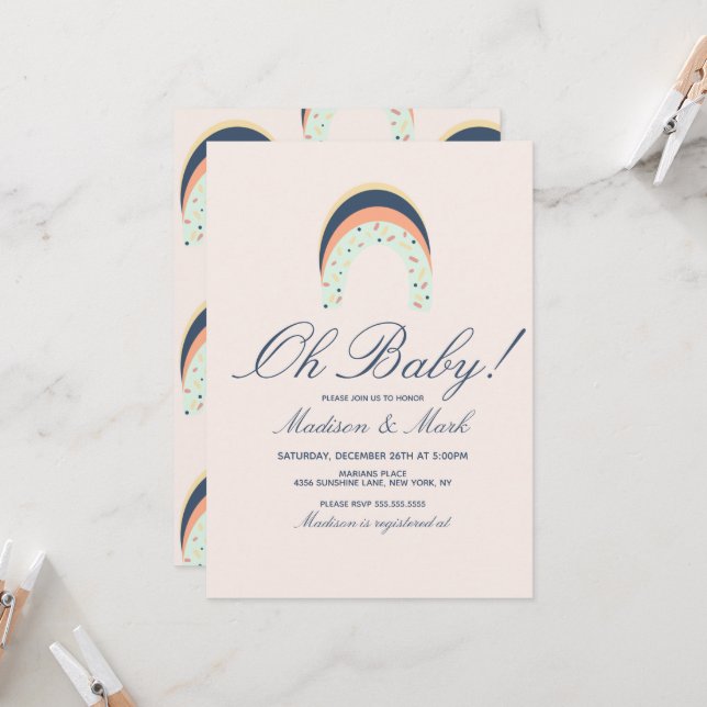 Regnbåge Sprinkles Push Stroke Baby Shower Rosa Inbjudningar (Fram/Back In Situ)