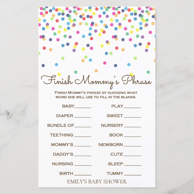 Regnbåge Strössel Baby Shower-spel UTRYCKT (Framsida)