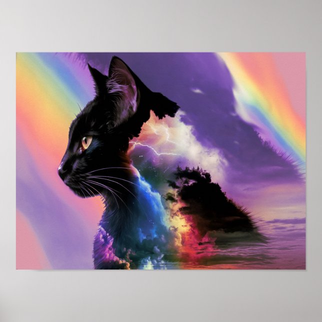 Regnbåge svart kattdesign Surreal Poster Skriv ut  (Framsidan)