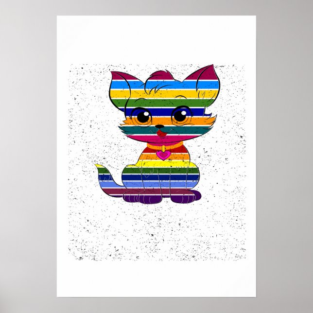 Regnbåge Tabby Stolthet Söt HBTQ Katt Retro Konst Poster (Framsidan)