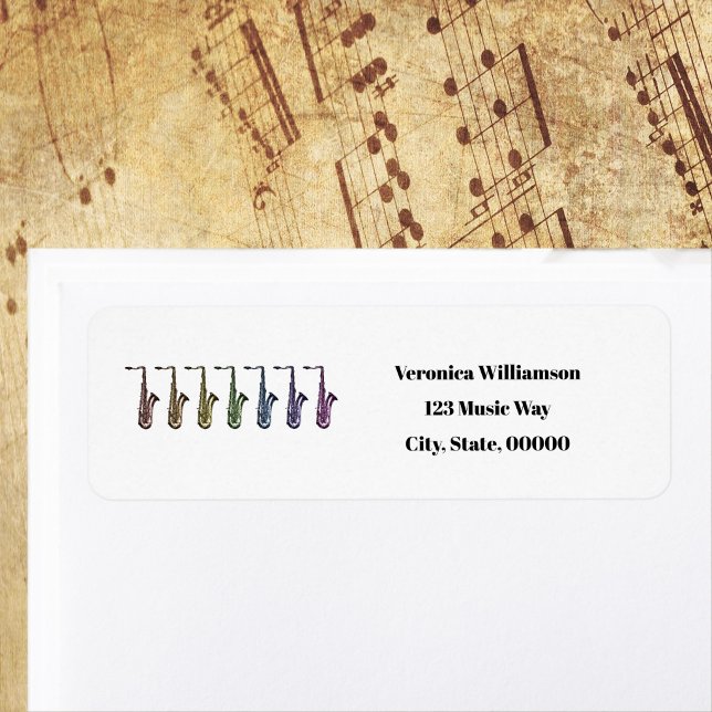 Regnbåge Tenorsaxofon Anpassa Returadress Etikett (Return address label with a rainbow of saxophones)