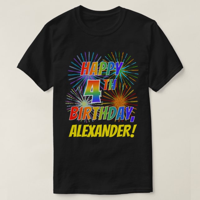 Regnbåge Titta LYCKLIG 4E FÖDELSEDAGEN; Fireworks  T Shirt (Design framsida)