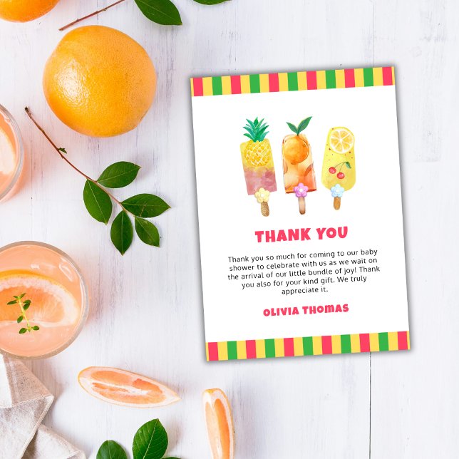 Regnbåge Tropisk Frukt Glass Pop Baby Shower Tack Kort (Rainbow Tropical Fruit Ice Cream Pop Baby Shower Thank You Card)