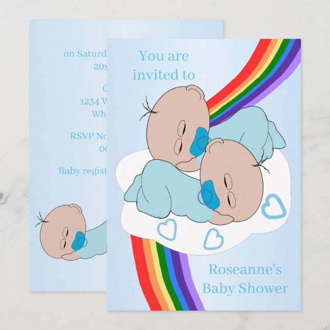 Regnbåge Tvilling Baby Pojkar Baby Shower Inbjudningar (Fram/baksida)