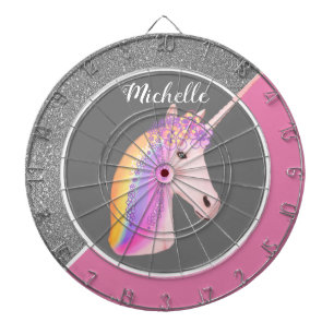 Regnbåge Unicorn Rosa Silver Glitter Sparkles Gir Darttavla
