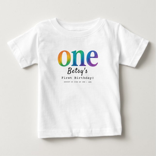 Regnbåge Vattenfärg 1-års födelsedag | Färgglada B T Shirt (Framsida)
