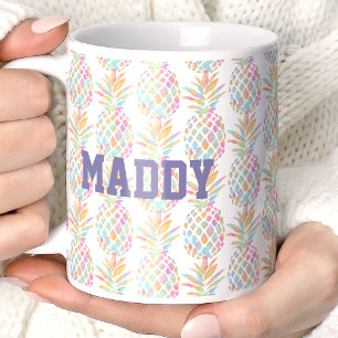 Regnbåge Vattenfärg Pineapple Tropisk Monogram Kaffemugg