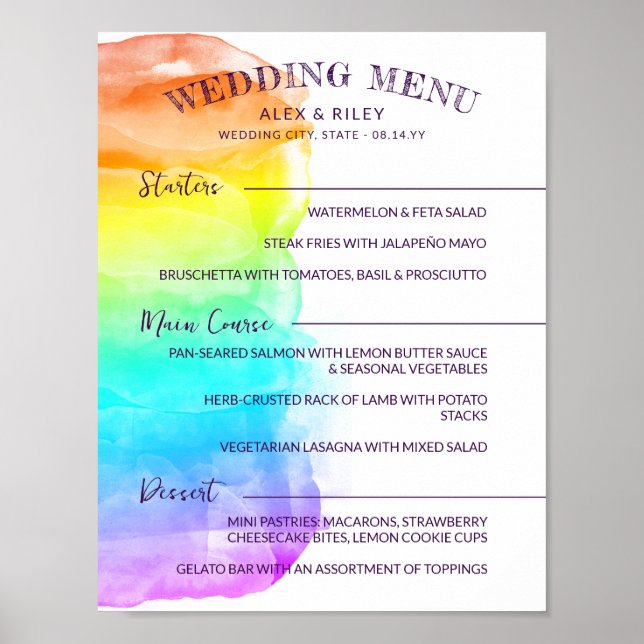 Regnbåge Vattenfärgssprut LGBTQ Bröllopsmeny Poster (Framsidan)