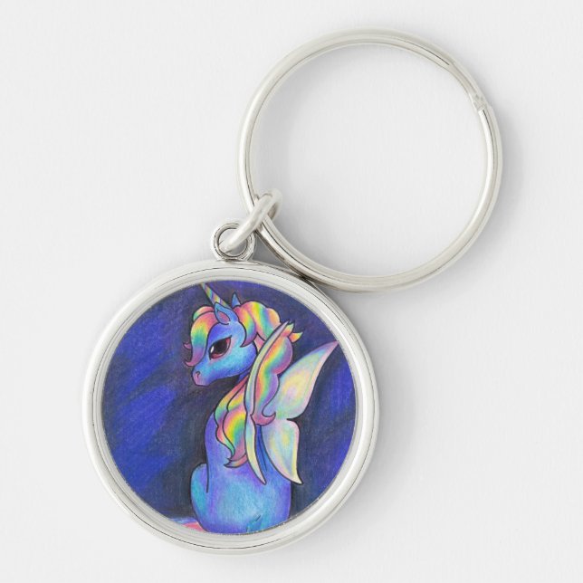 RegnbågeälvaUnicorn Keychain Rund Silverfärgad Nyckelring (Framsidan)