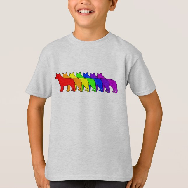 Regnbågeblått Heeler Tee Shirt (Framsida)