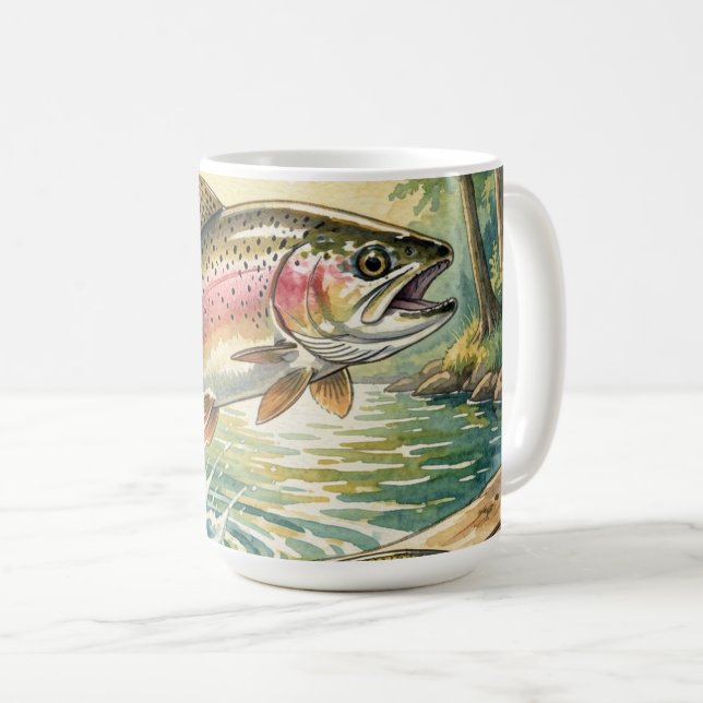 Regnbågeforell som hoppar i skogsström akvarell kaffemugg (Framsida höger)