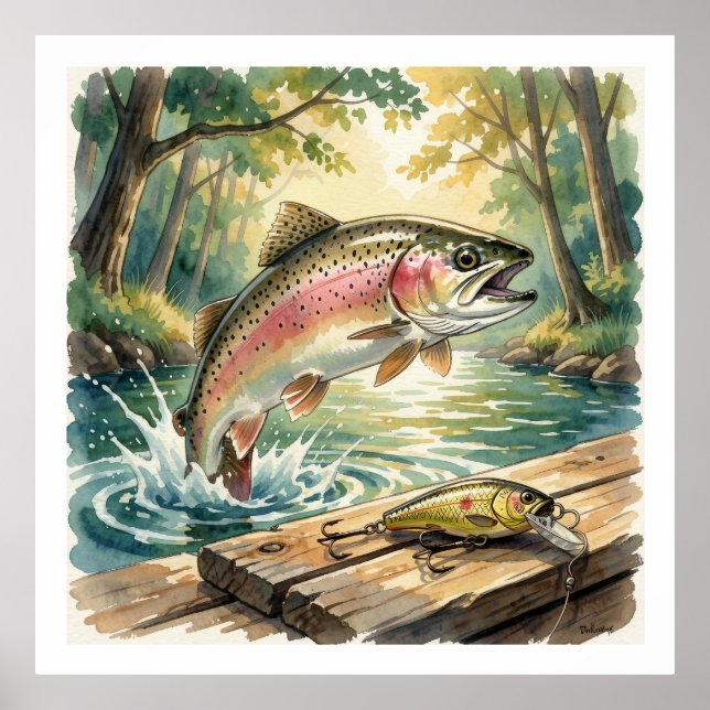 Regnbågeforell som hoppar i skogsström akvarell poster (Framsidan)