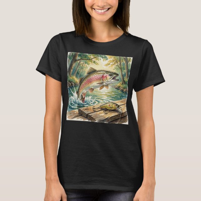 Regnbågeforell som hoppar i skogsström akvarell t shirt (Framsida)
