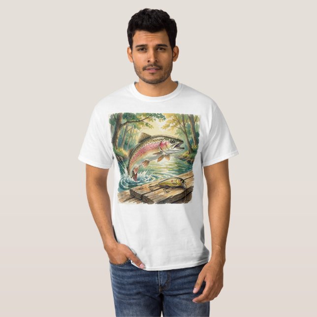 Regnbågeforell som hoppar i skogsström akvarell t shirt (Hel framsida)