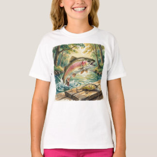Regnbågeforell som hoppar i skogsström vattenfärg t shirt