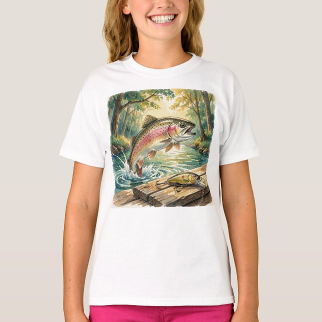 Regnbågeforell som hoppar i skogsström vattenfärg t shirt (Framsida)