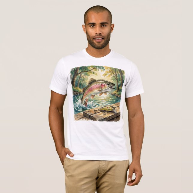 Regnbågeforell som hoppar i skogsström vattenfärg t shirt (Hel framsida)