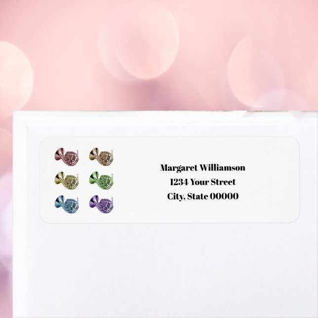 Regnbågefransk horn  Anpassa returadress Etikett (A return address label with rainbow french horns & text you can personalize!)