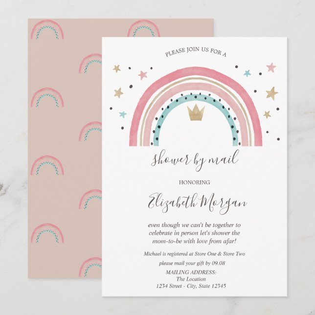 Regnbågens krona virtuellt baby shower via post  inbjudningar (Fram/baksida)