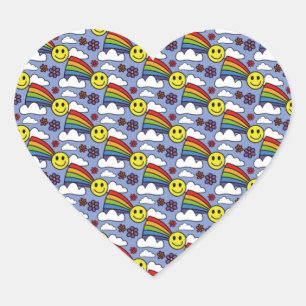 Regnbågesmiley face och blommaHippiemönster Hjärtformat Klistermärke