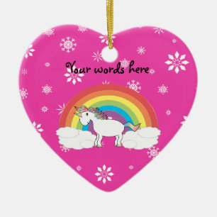 Regnbågeunicorn med rosa snöflingor julgransprydnad keramik
