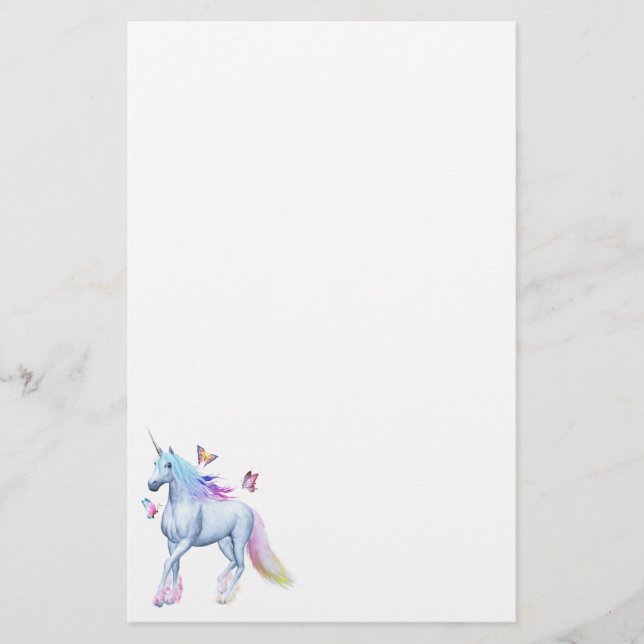 Regnbågeunicorn och fjärilar brevpapper (Framsida)